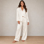 Women's Satin Stripe Pajama Set - Long Sleeve Button-Up Top & Wide Pants - Ivory