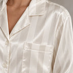 Women's Satin Stripe Pajama Set - Long Sleeve Button-Up Top & Wide Pants - Ivory