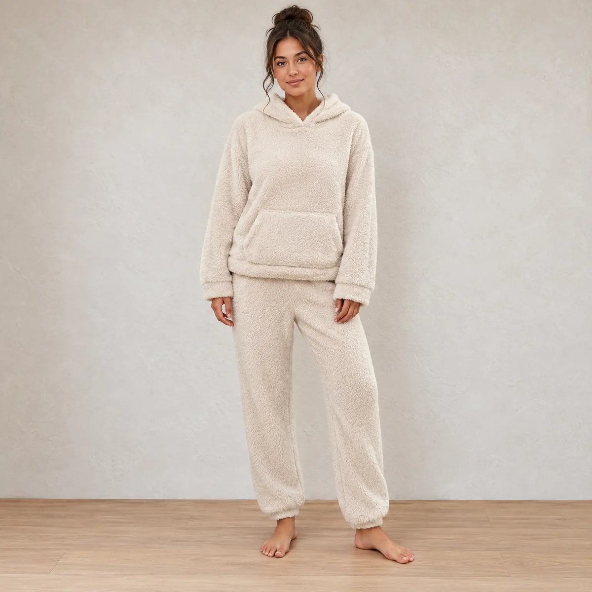 Lounge Set - Women's Teddy Hoodie & Straight-Leg Pants - Beige