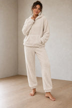 Lounge Set - Women's Teddy Hoodie & Straight-Leg Pants - Beige