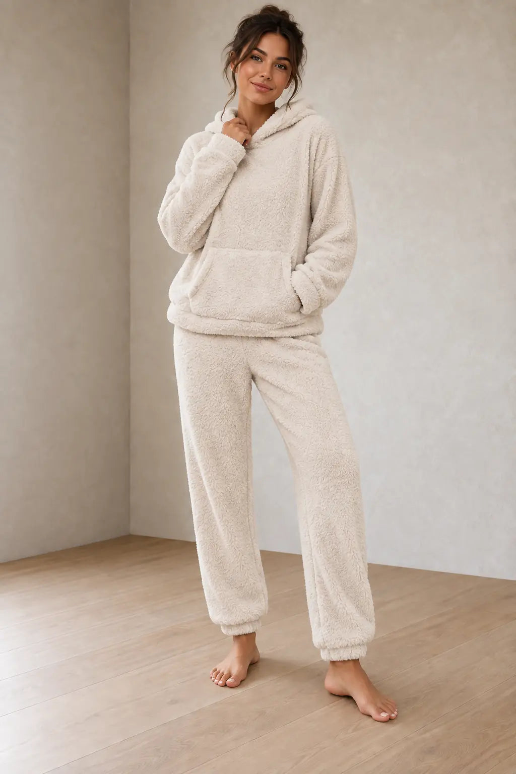 Lounge Set - Women's Teddy Hoodie & Straight-Leg Pants - Beige