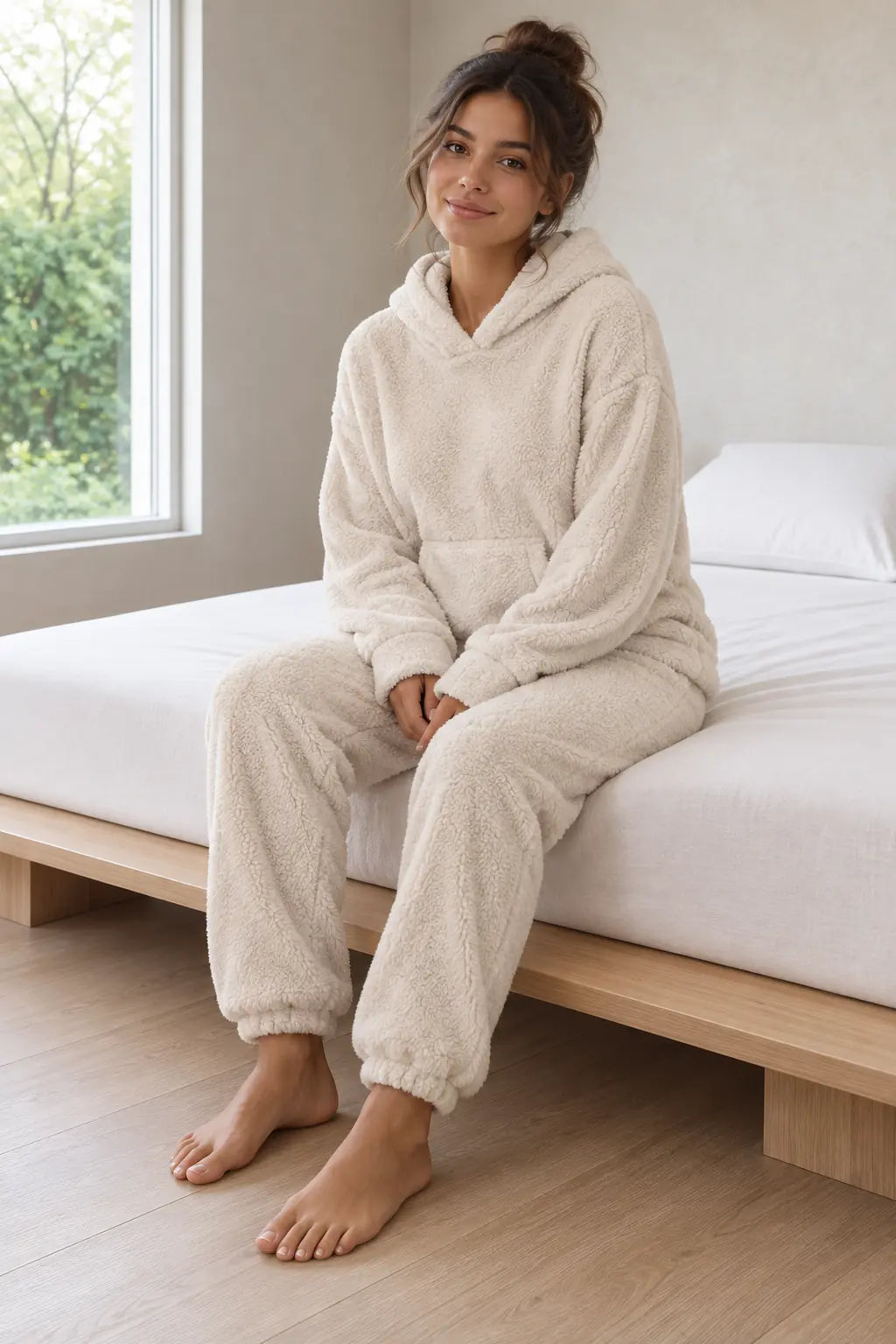 Lounge Set - Women's Teddy Hoodie & Straight-Leg Pants - Beige