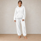 Lounge Set - Women's Teddy Hoodie & Straight-Leg Pants - White
