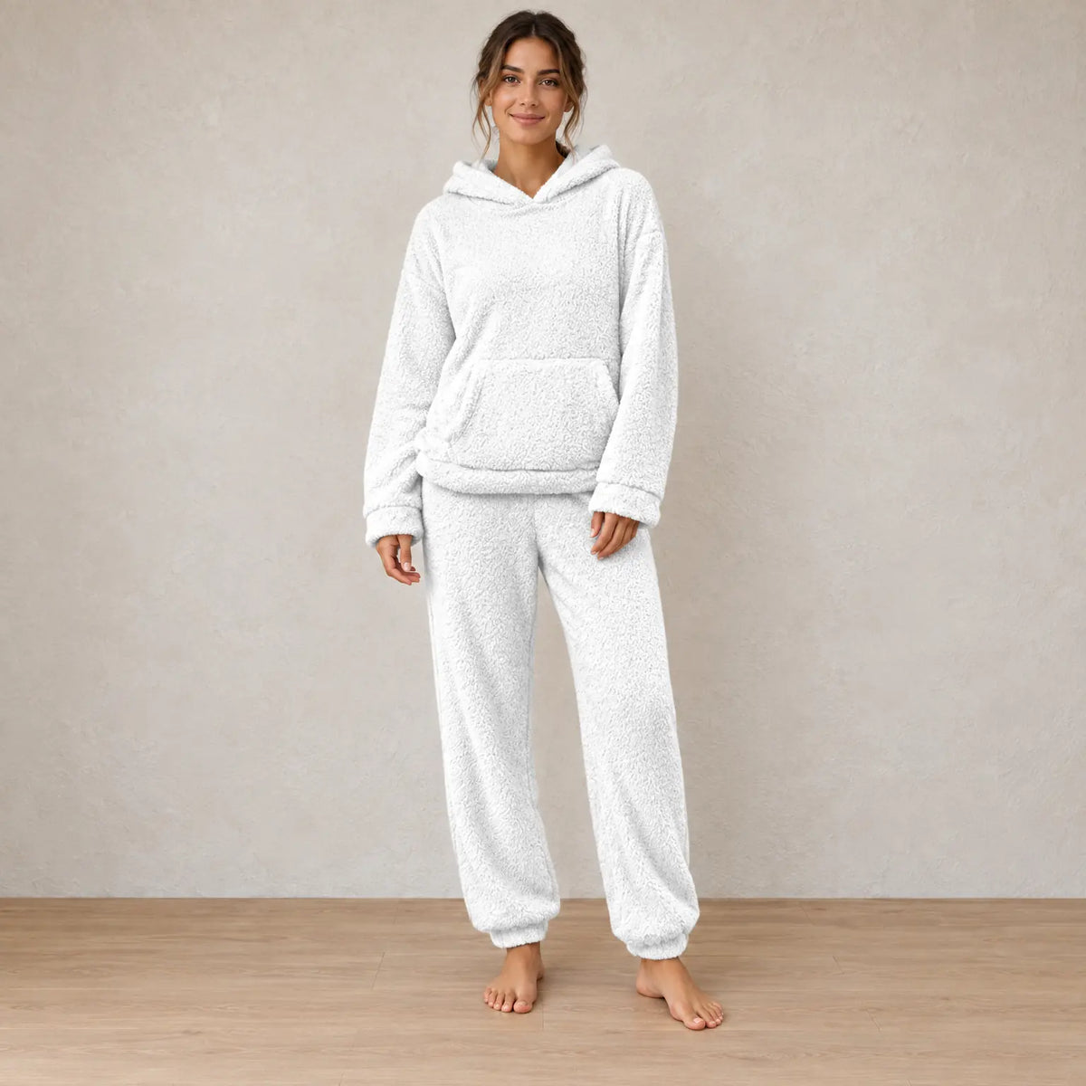 Lounge Set - Women's Teddy Hoodie & Straight-Leg Pants - White