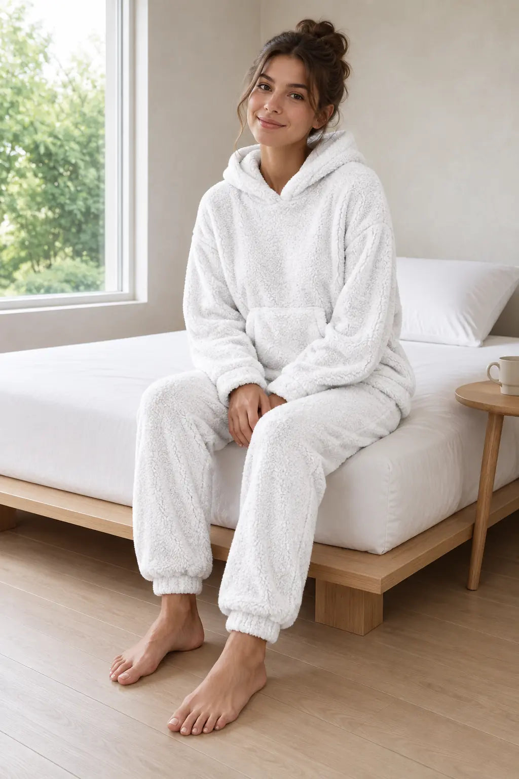Lounge Set - Women's Teddy Hoodie & Straight-Leg Pants - White