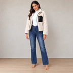 Women's Teddy Jacket - Relaxed Zip-Up Jacket with Contrast Chest Pocket - Cream/Black