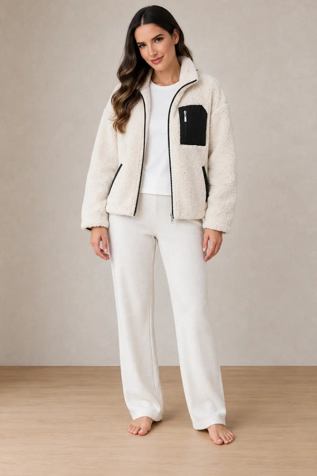Women's Teddy Jacket - Relaxed Zip-Up Jacket with Contrast Chest Pocket - Cream/Black