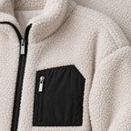 Women's Teddy Jacket - Relaxed Zip-Up Jacket with Contrast Chest Pocket - Cream/Black