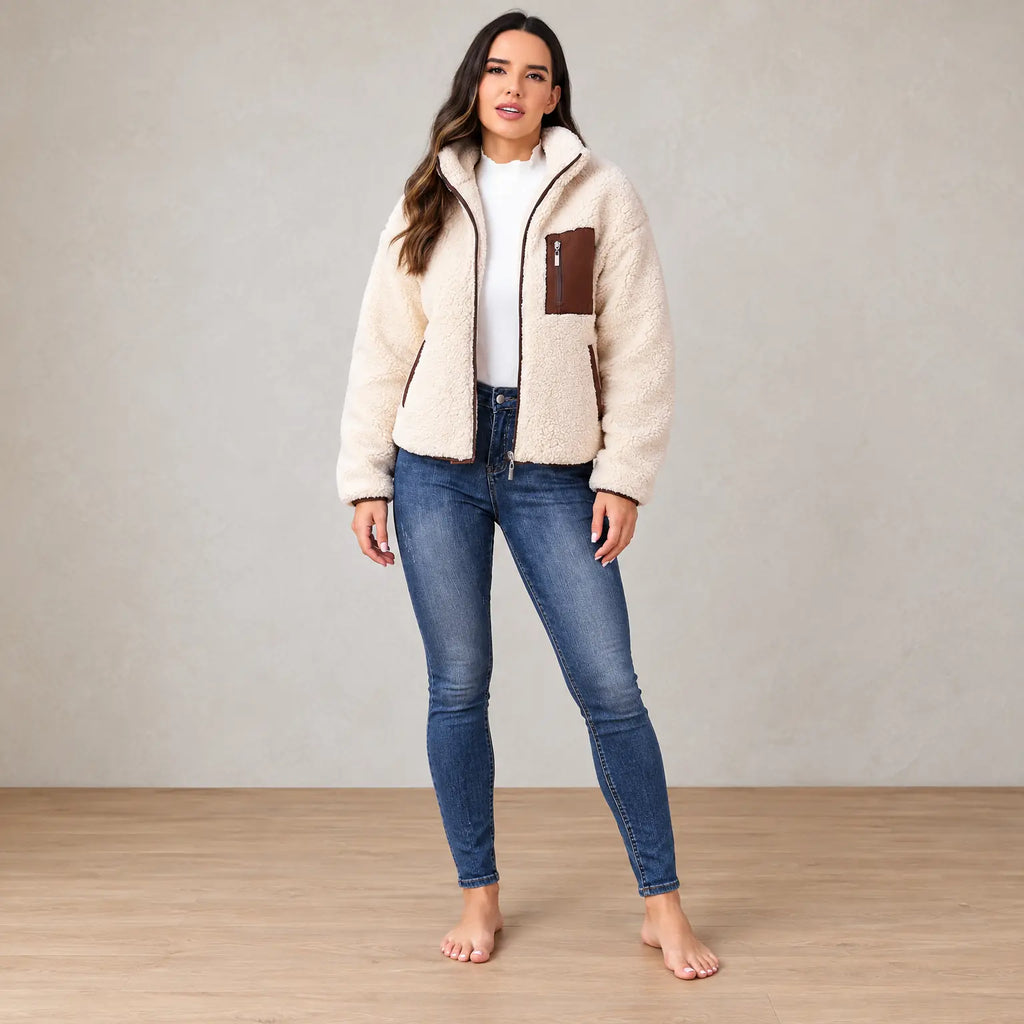 Women's Teddy Jacket - Relaxed Zip-Up Jacket with Contrast Chest Pocket - Cream/Brown