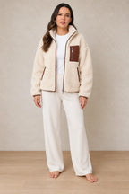 Women's Teddy Jacket - Relaxed Zip-Up Jacket with Contrast Chest Pocket - Cream/Brown