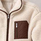 Women's Teddy Jacket - Relaxed Zip-Up Jacket with Contrast Chest Pocket - Cream/Brown