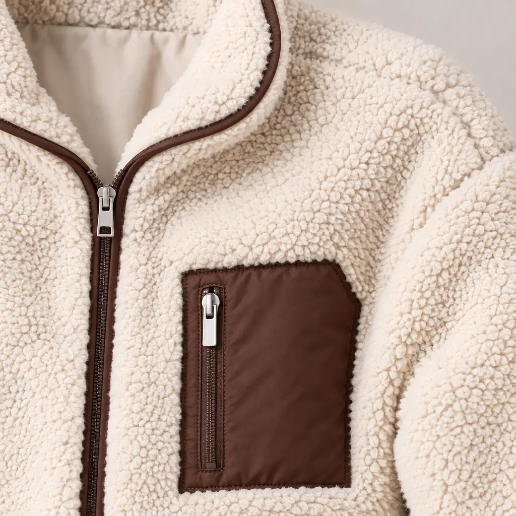 Women's Teddy Jacket - Relaxed Zip-Up Jacket with Contrast Chest Pocket - Cream/Brown