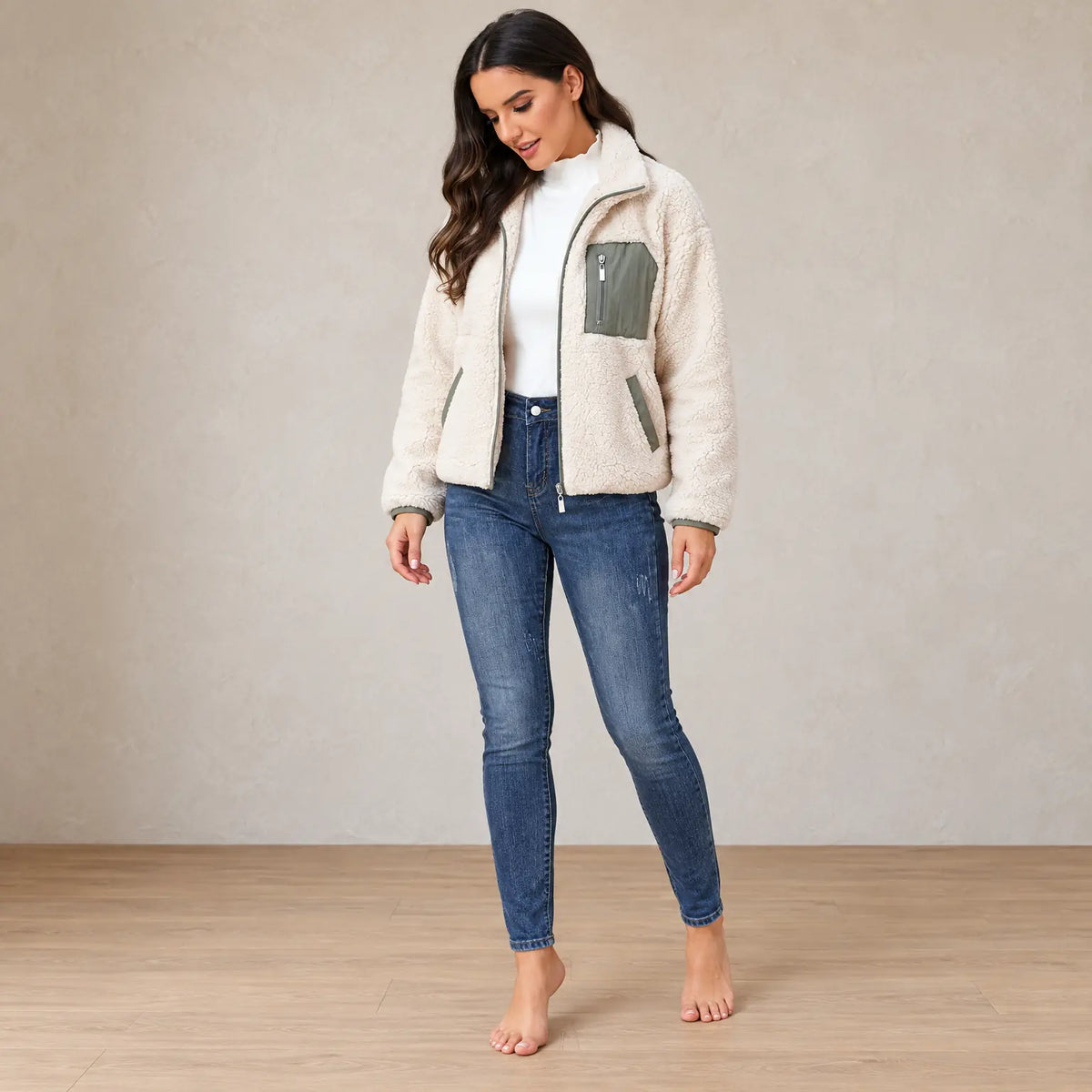 Women's Teddy Jacket - Relaxed Zip-Up Jacket with Contrast Chest Pocket - Cream/Olive