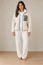 Women's Teddy Jacket - Relaxed Zip-Up Jacket with Contrast Chest Pocket - Cream/Olive