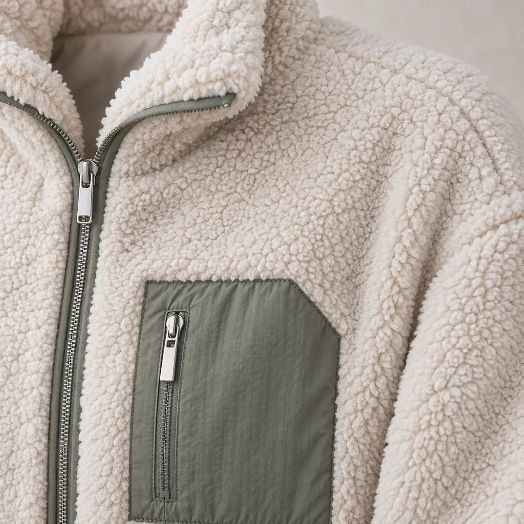 Women's Teddy Jacket - Relaxed Zip-Up Jacket with Contrast Chest Pocket - Cream/Olive