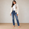 Women's Teddy Jacket - Relaxed Zip-Up Jacket with Contrast Chest Pocket - Cream/Beige