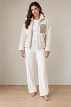 Women's Teddy Jacket - Relaxed Zip-Up Jacket with Contrast Chest Pocket - Cream/Beige