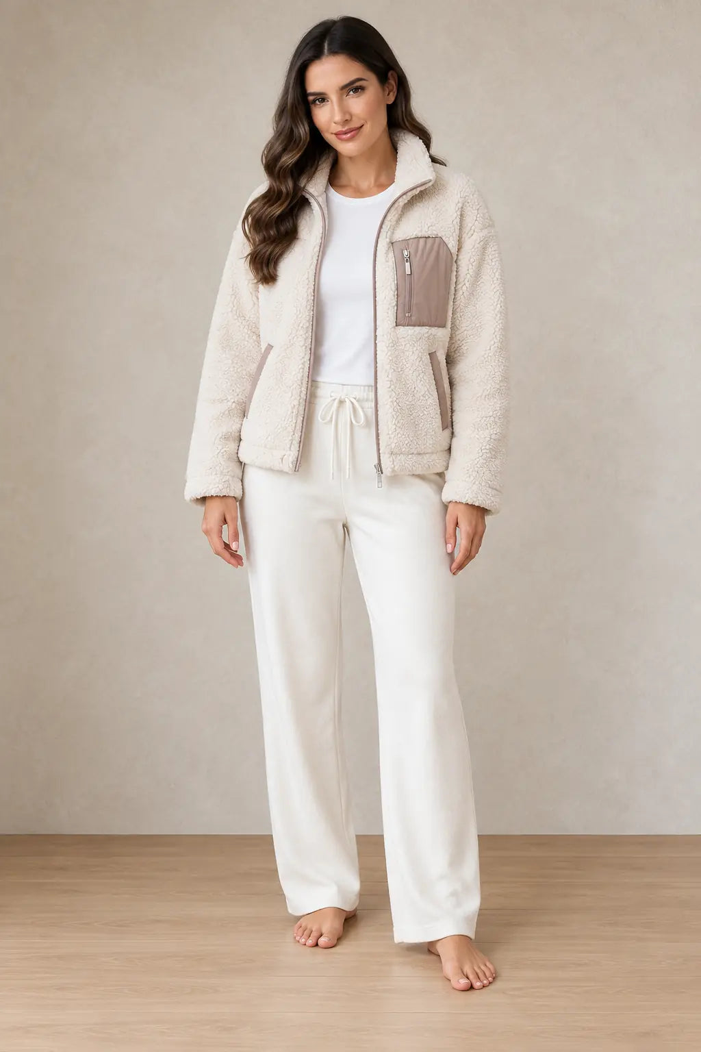 Women's Teddy Jacket - Relaxed Zip-Up Jacket with Contrast Chest Pocket - Cream/Beige