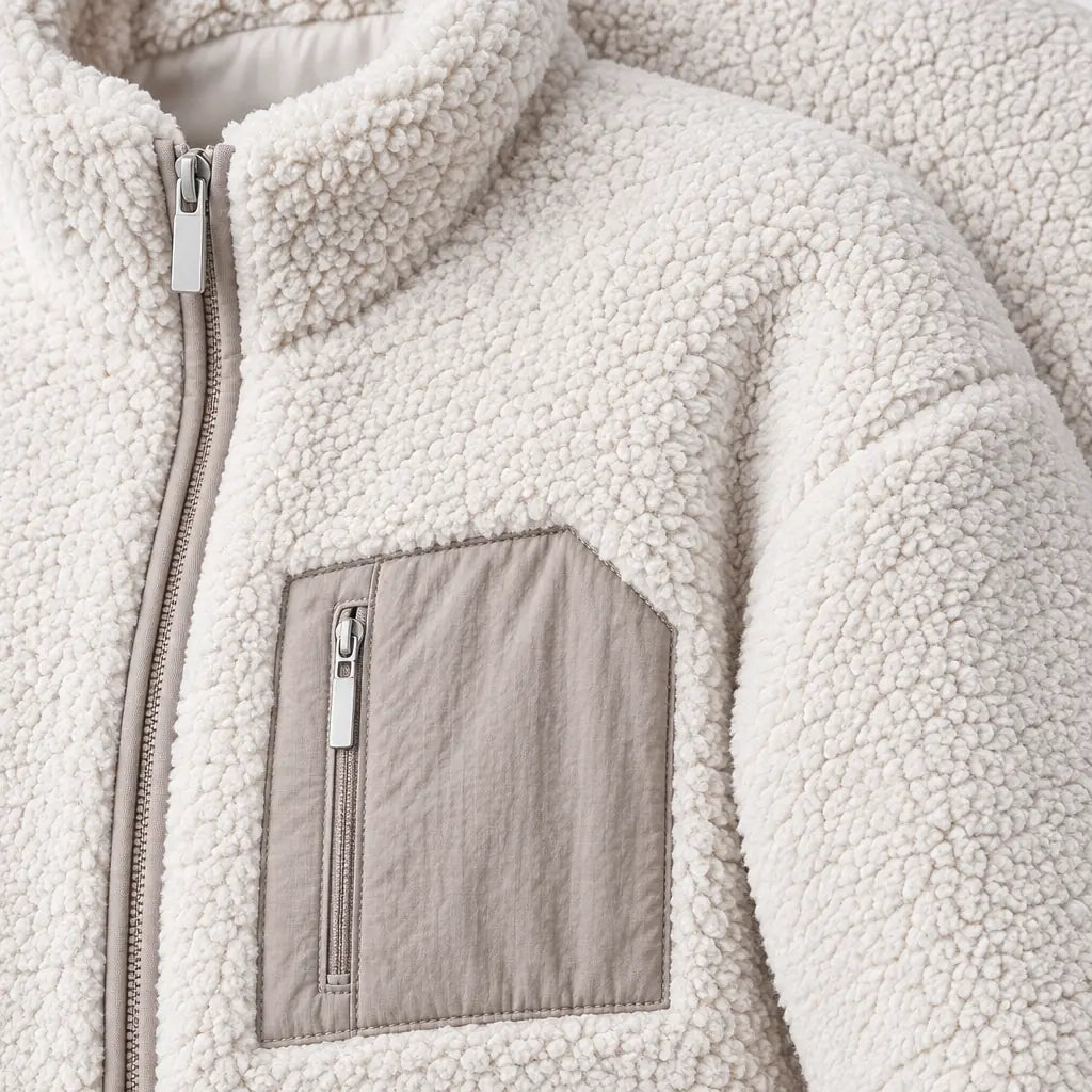 Women's Teddy Jacket - Relaxed Zip-Up Jacket with Contrast Chest Pocket - Cream/Beige