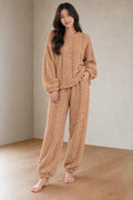 Lounge Set - Women's Plush Cable-Texture Crewneck Pullover & Pants - Caramel