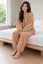 Lounge Set - Women's Plush Cable-Texture Crewneck Pullover & Pants - Caramel