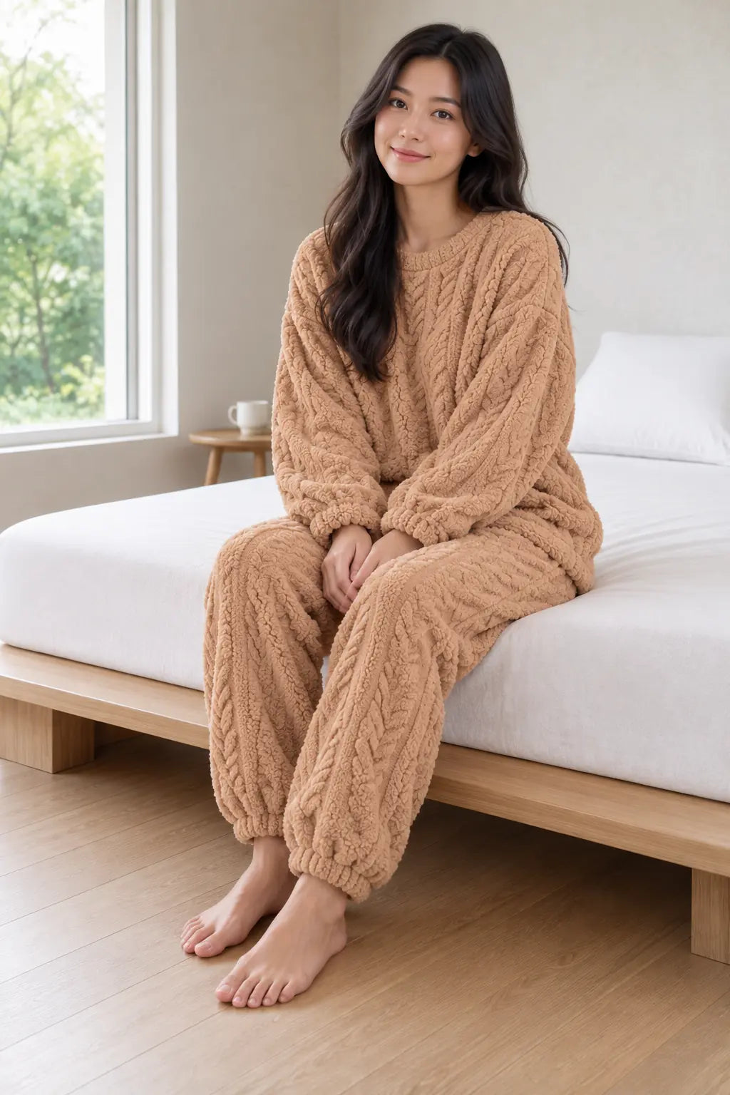 Lounge Set - Women's Plush Cable-Texture Crewneck Pullover & Pants - Caramel