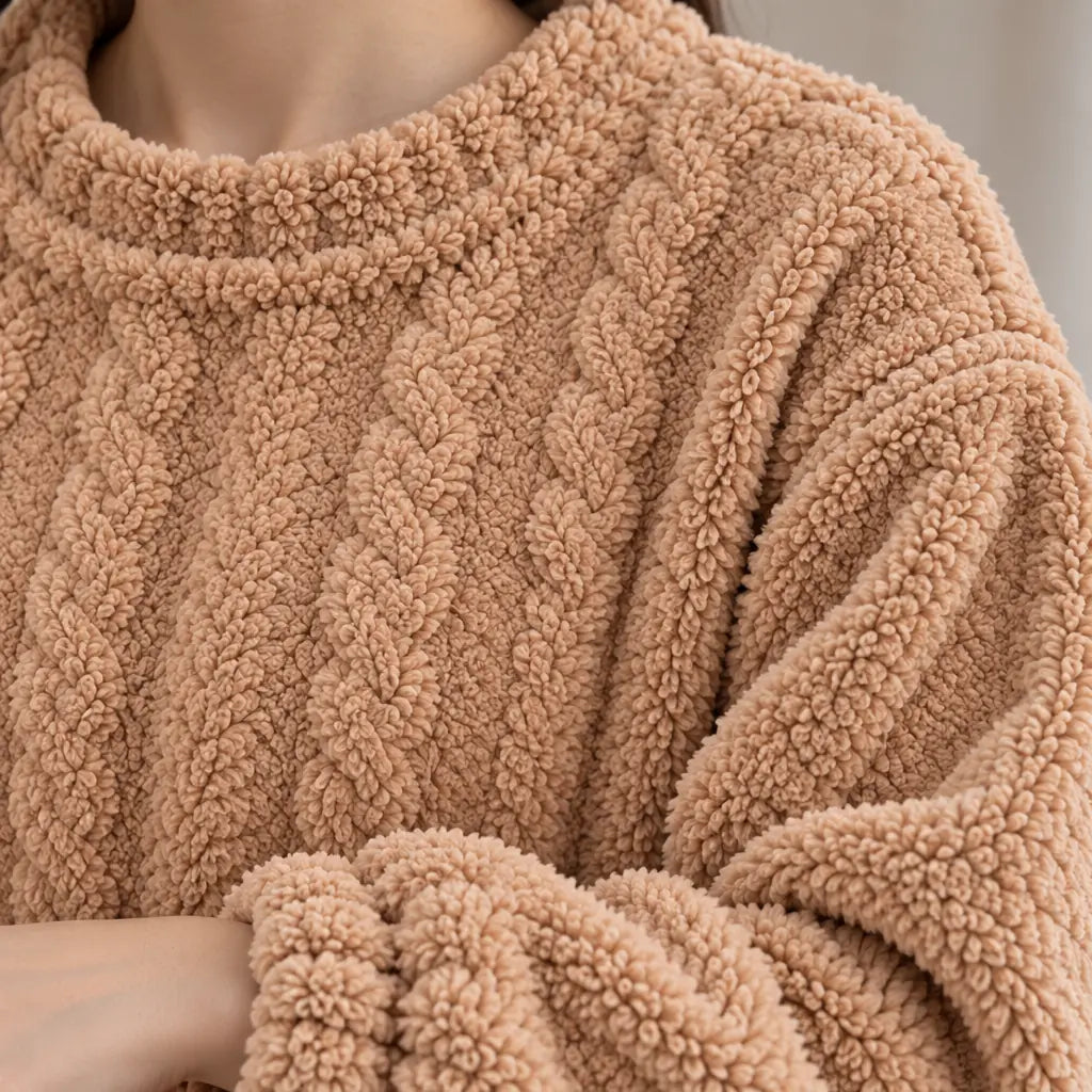 Lounge Set - Women's Plush Cable-Texture Crewneck Pullover & Pants - Caramel