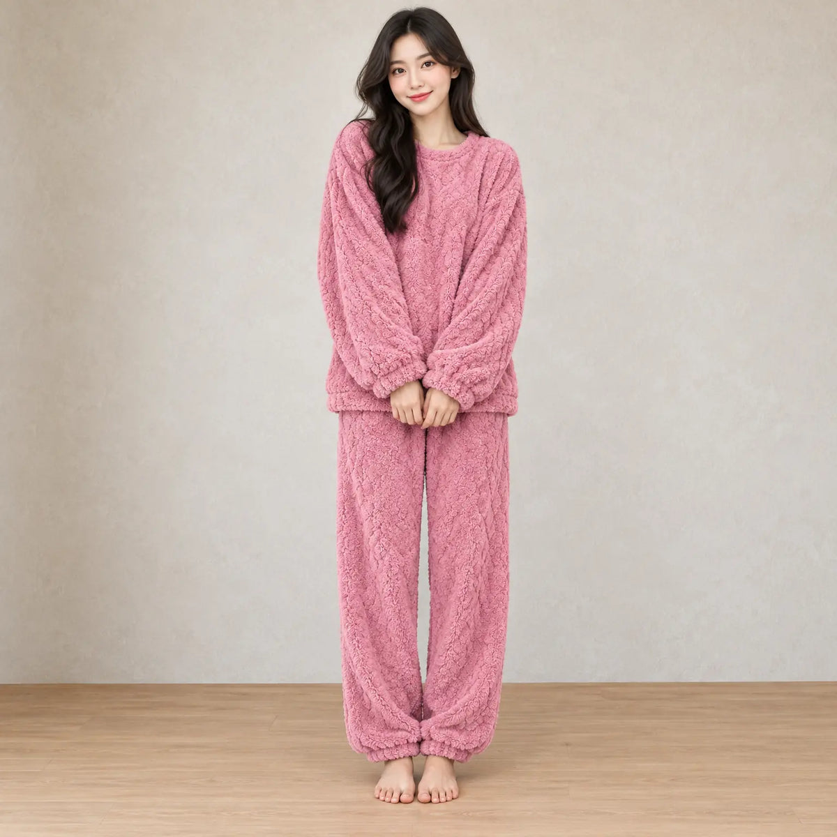 Lounge Set - Women's Plush Cable-Texture Crewneck Pullover & Pants - Rose