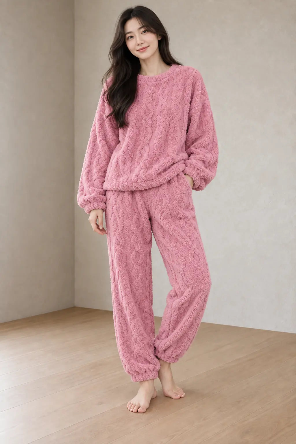 Lounge Set - Women's Plush Cable-Texture Crewneck Pullover & Pants - Rose