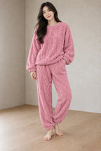 Lounge Set - Women's Plush Cable-Texture Crewneck Pullover & Pants - Rose