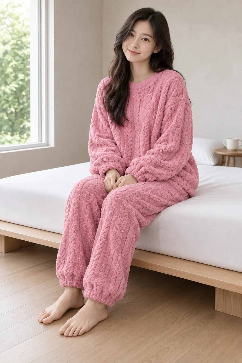 Lounge Set - Women's Plush Cable-Texture Crewneck Pullover & Pants - Rose