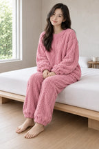Lounge Set - Women's Plush Cable-Texture Crewneck Pullover & Pants - Rose
