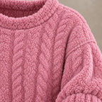 Lounge Set - Women's Plush Cable-Texture Crewneck Pullover & Pants - Rose