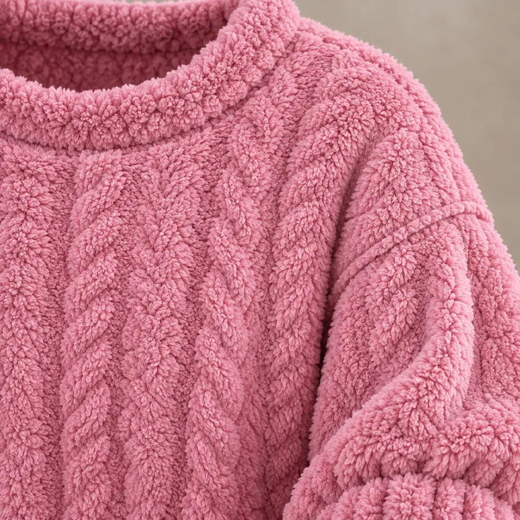 Lounge Set - Women's Plush Cable-Texture Crewneck Pullover & Pants - Rose