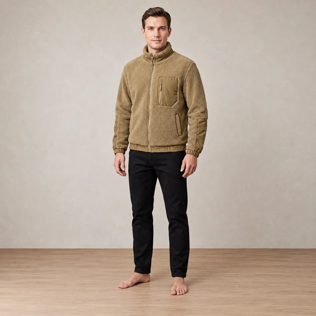 Men's Sherpa Jacket - Full-Zip Teddy Jacket with Contrast Sleeves - Khaki