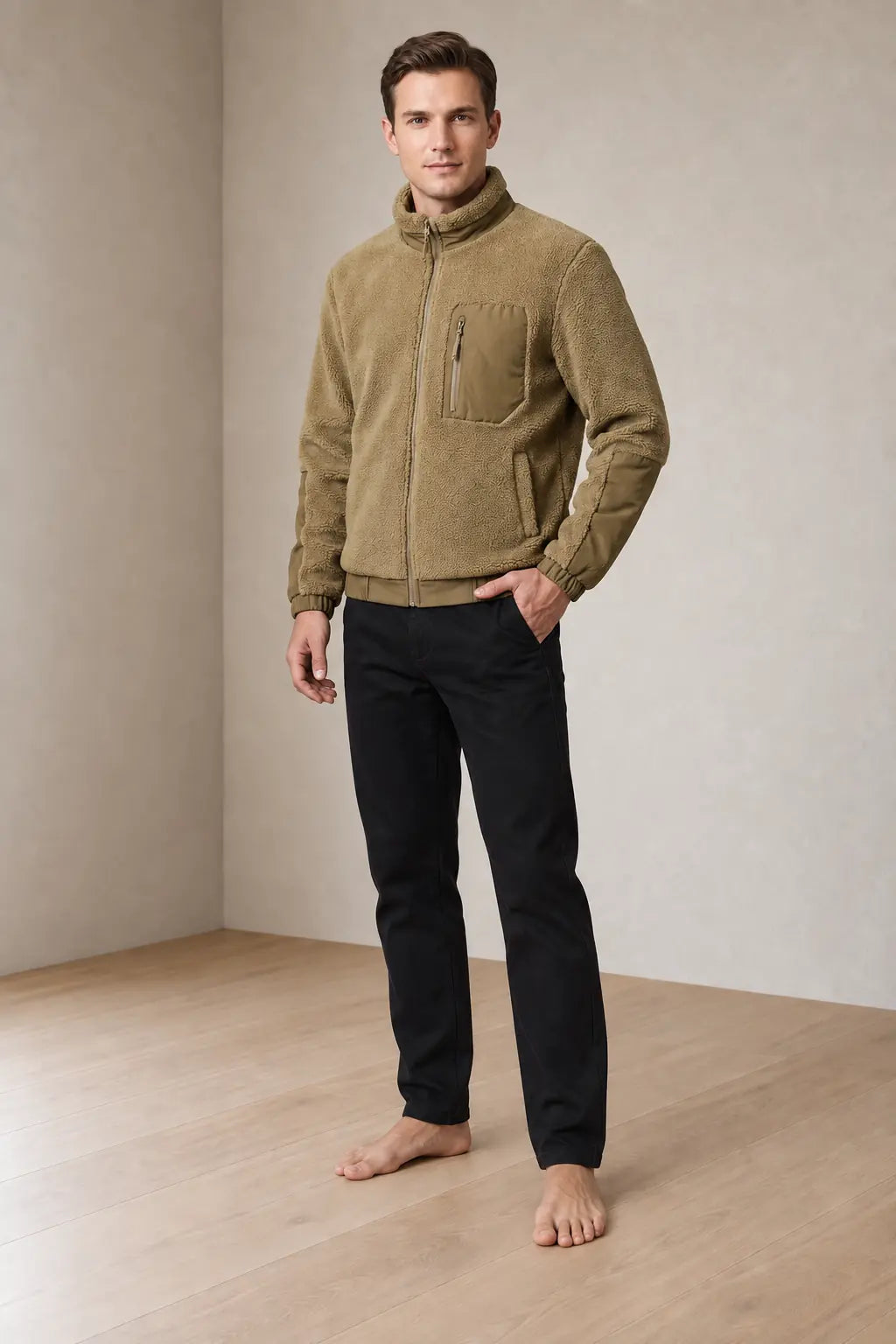 Men's Sherpa Jacket - Full-Zip Teddy Jacket with Contrast Sleeves - Khaki
