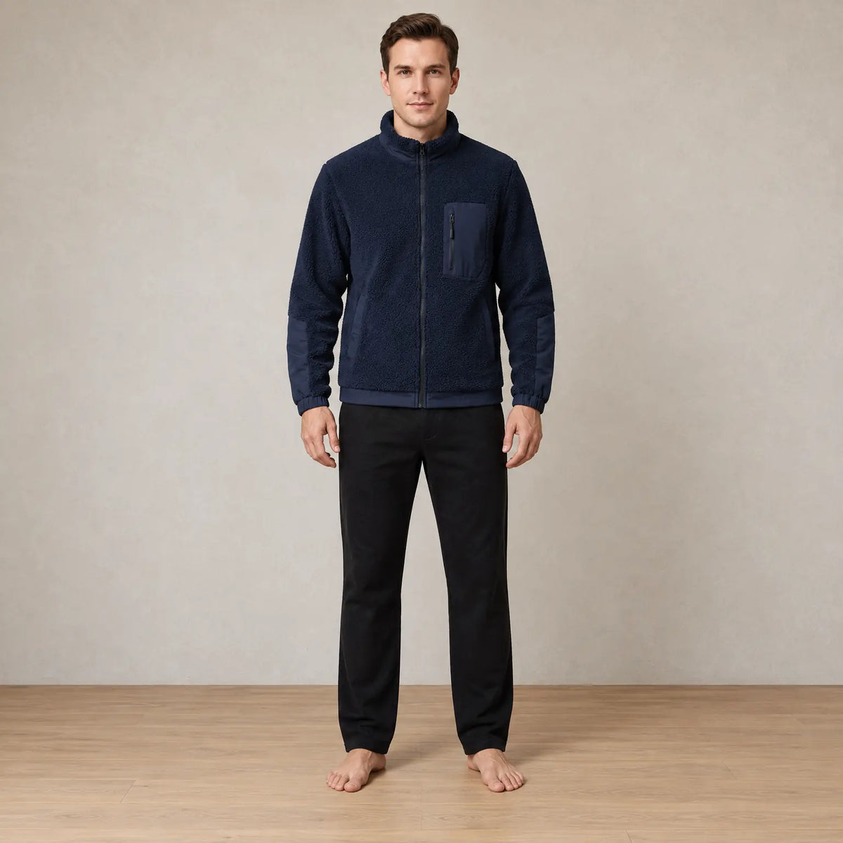 Men's Sherpa Jacket - Full-Zip Teddy Jacket with Contrast Sleeves - Navy