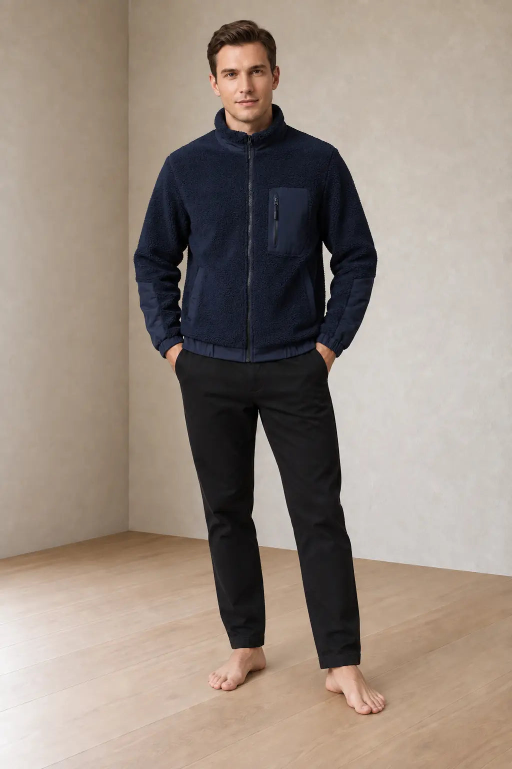 Men's Sherpa Jacket - Full-Zip Teddy Jacket with Contrast Sleeves - Navy