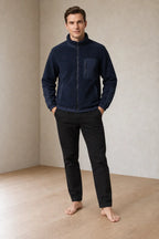 Men's Sherpa Jacket - Full-Zip Teddy Jacket with Contrast Sleeves - Navy