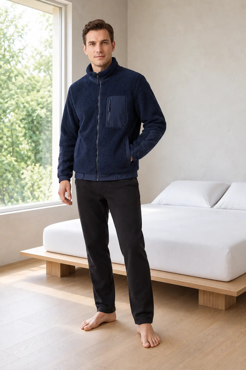 Men's Sherpa Jacket - Full-Zip Teddy Jacket with Contrast Sleeves - Navy