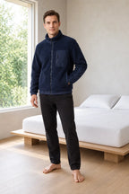 Men's Sherpa Jacket - Full-Zip Teddy Jacket with Contrast Sleeves - Navy