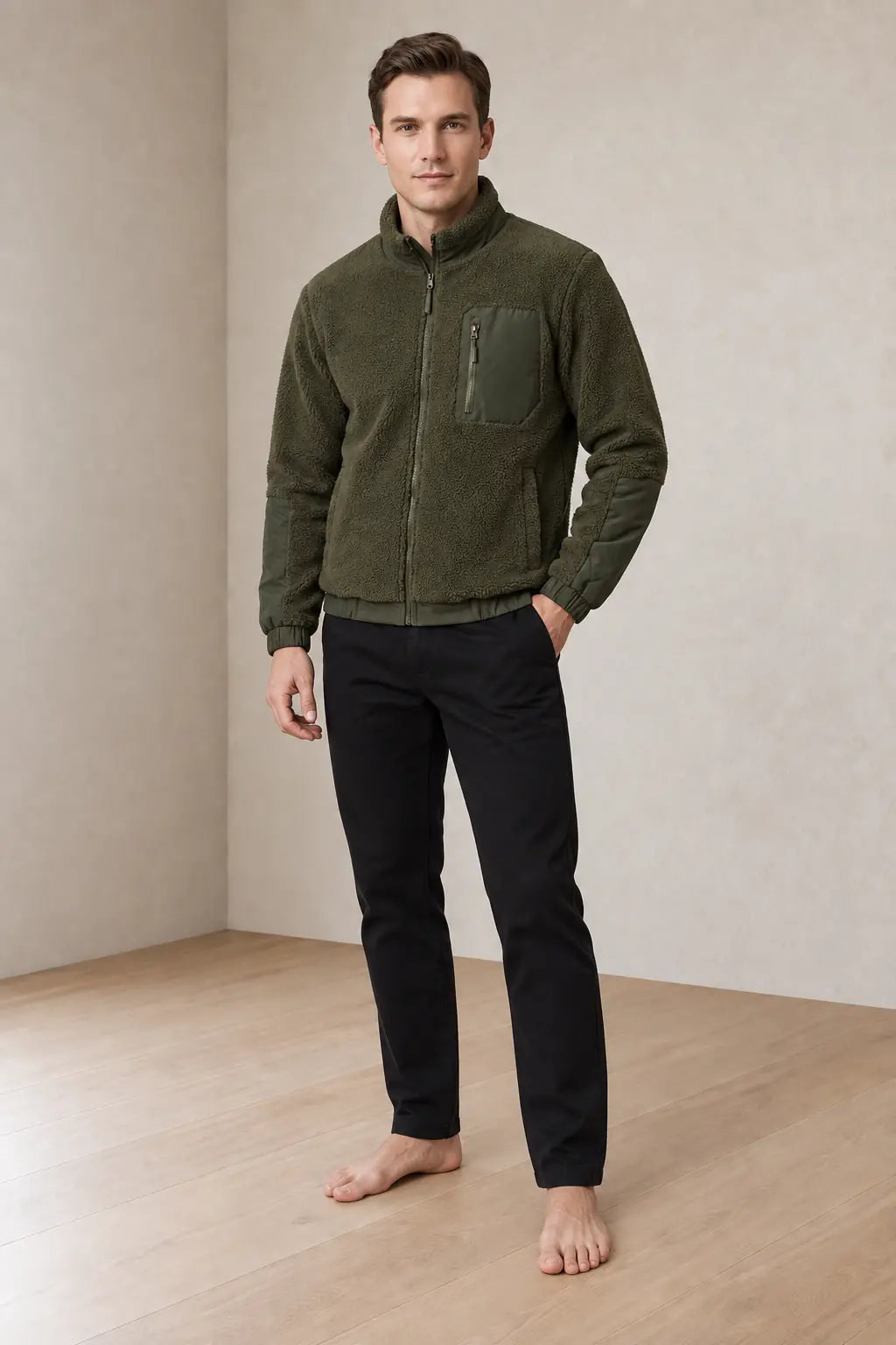 Men's Sherpa Jacket - Full-Zip Teddy Jacket with Contrast Sleeves - Olive