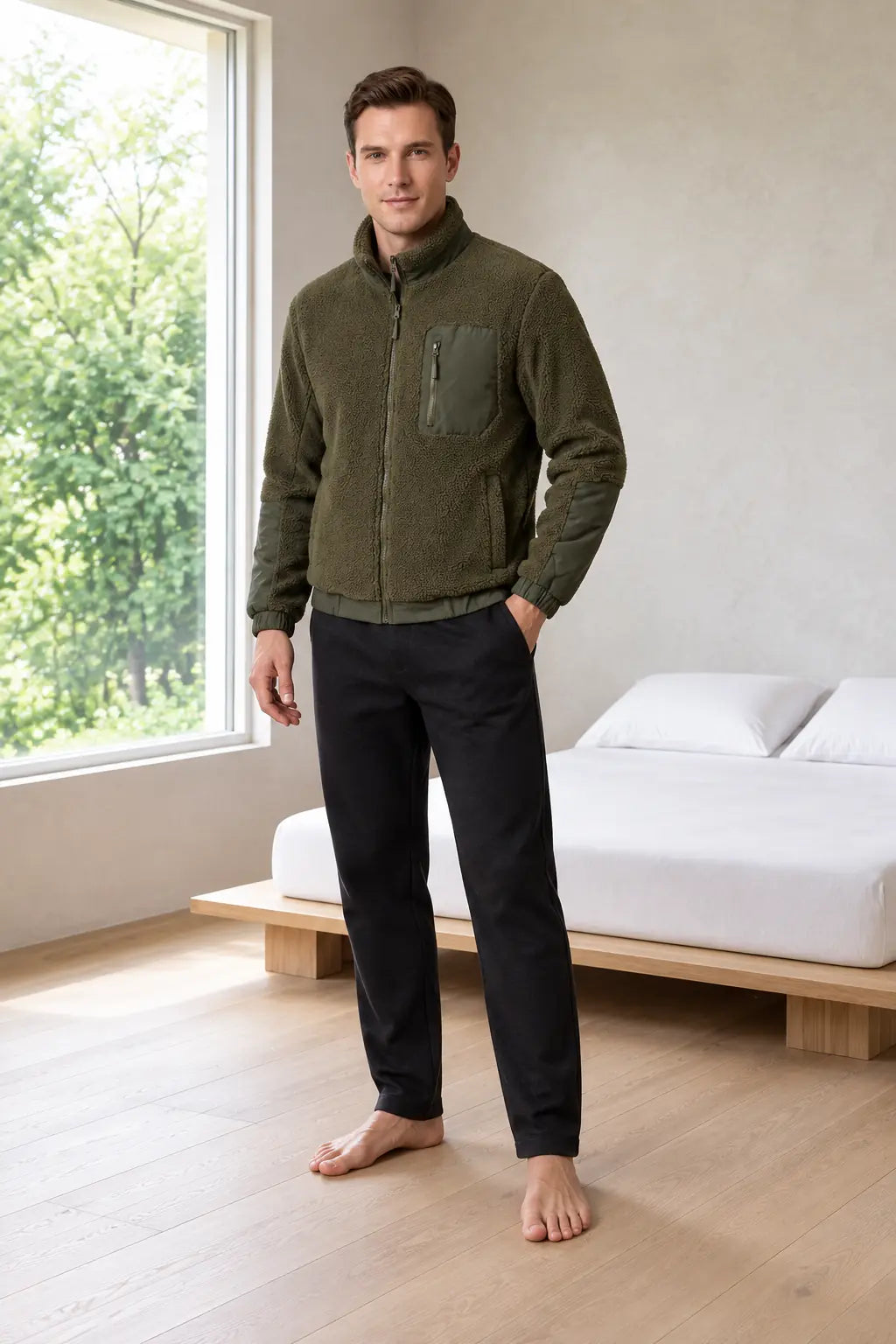 Men's Sherpa Jacket - Full-Zip Teddy Jacket with Contrast Sleeves - Olive