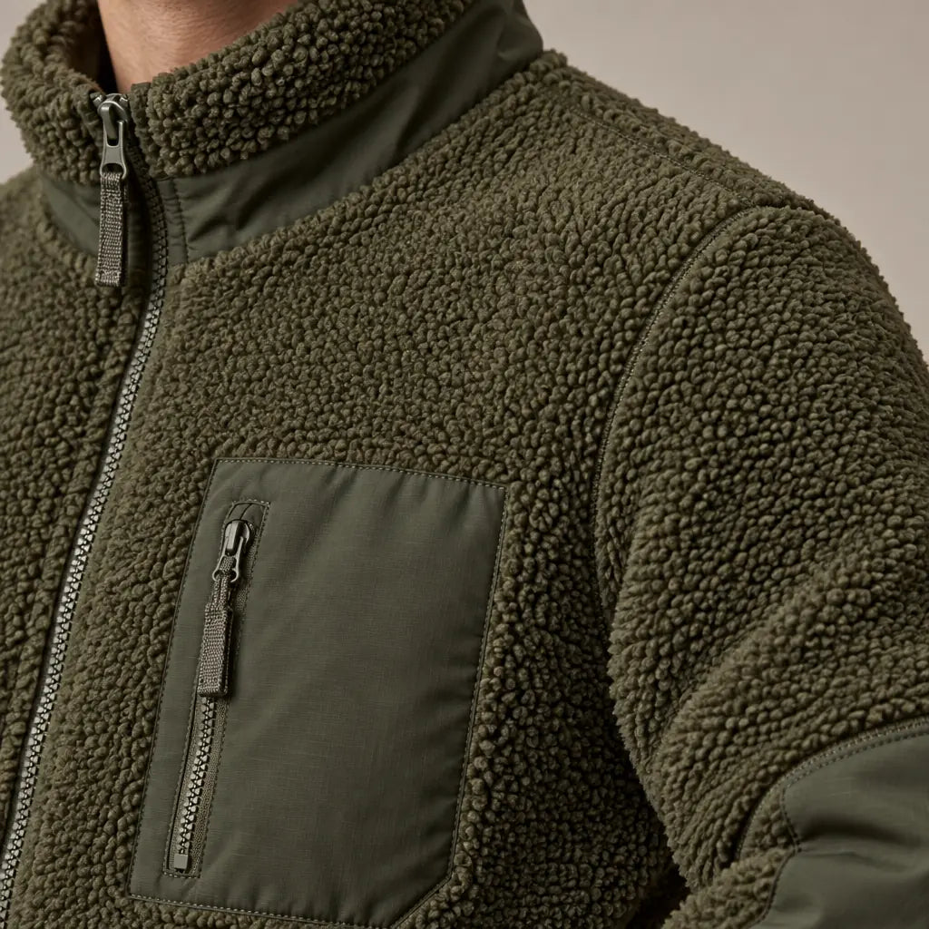 Men's Sherpa Jacket - Full-Zip Teddy Jacket with Contrast Sleeves - Olive