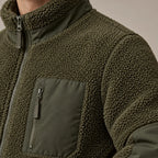 Men's Sherpa Jacket - Full-Zip Teddy Jacket with Contrast Sleeves - Olive