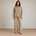 Lounge Set - Women's Chunky Knit Turtleneck Sweater & Wide-Leg Pants - Oatmeal