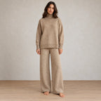 Lounge Set - Women's Chunky Knit Turtleneck Sweater & Wide-Leg Pants - Oatmeal