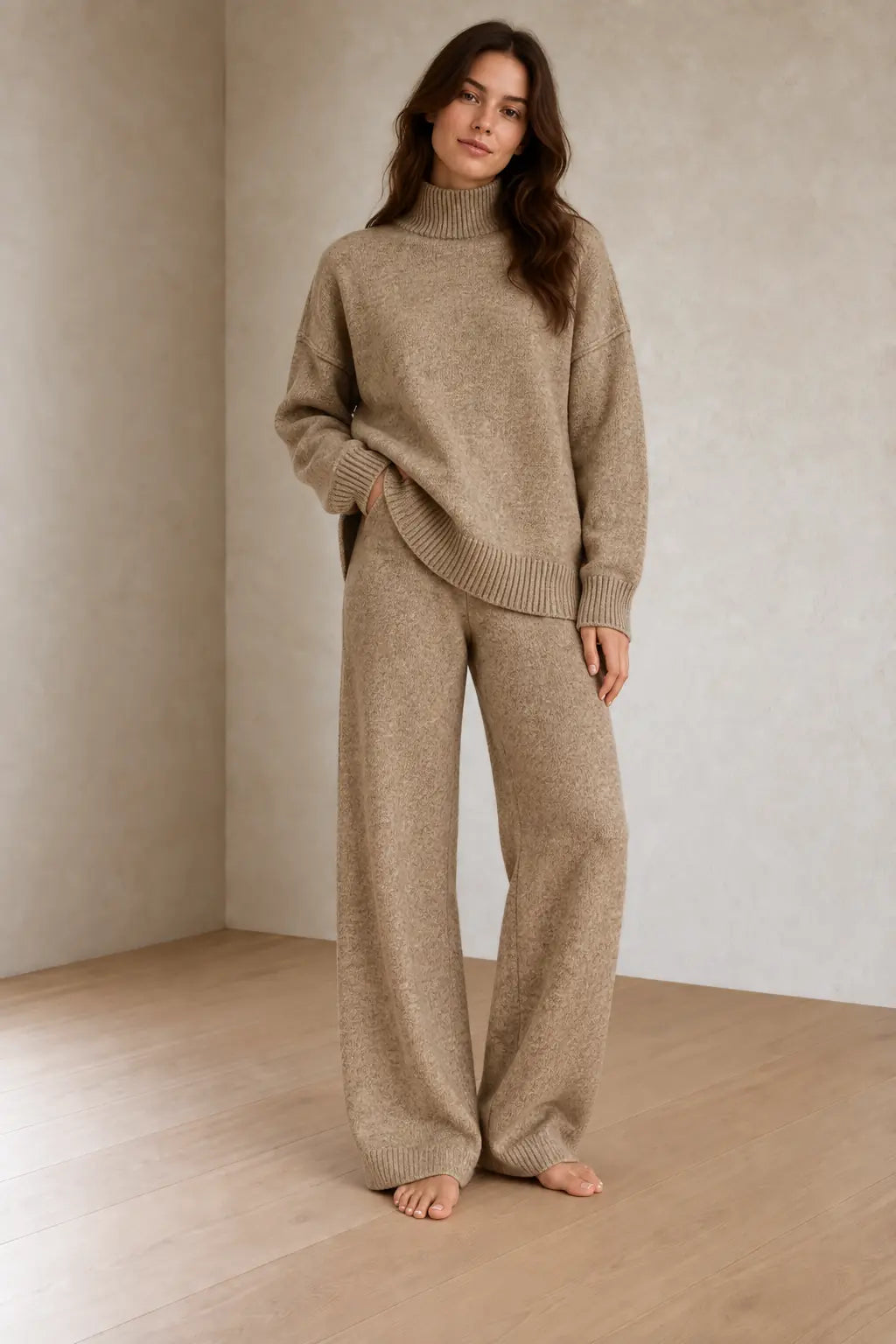 Lounge Set - Women's Chunky Knit Turtleneck Sweater & Wide-Leg Pants - Oatmeal