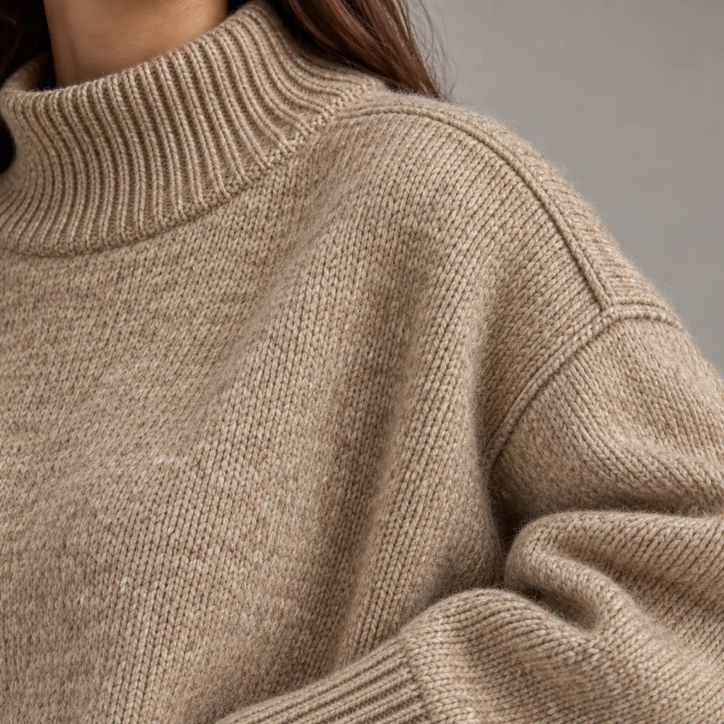 Lounge Set - Women's Chunky Knit Turtleneck Sweater & Wide-Leg Pants - Oatmeal
