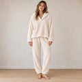 Lounge Set - Women's Plush Shawl Collar Pullover & Tapered Pants - Cream